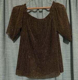 I Love Metallic Gold Plisse Off-The-Shoulder Puff Sleeve Blouse